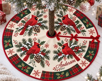 Cardinal Christmas Tree Skirt, Red Plaid Tree Skirt, Rustic Farmhouse Christmas Decor, Winter Bird Holiday Tree Mat