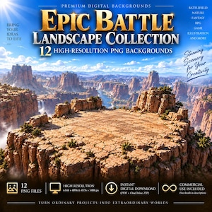 Op de afbeelding: Een digitale collectie genaamd Epic Battle Landscape Collection met 12 hoge resolutie PNG-achtergronden. De afbeelding toont een rotsachtig plateau met uitzicht op een kloof met kliffen, een rivier en een blauwe lucht. Tekst: 12 PNG files.