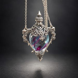 May include: A silver-toned pendant necklace featuring a clear glass vial encased in an ornate metal frame. The frame includes skull motifs, roses, and a central pentagram symbol. Inside the vial, a small purple and red creature is visible.
