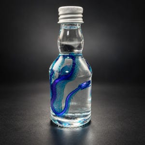 May include: A clear glass bottle with a white screw-top cap containing a preserved specimen of a small, slender fish with a vibrant blue skeletal structure visible through the transparent liquid inside the rounded glass container.