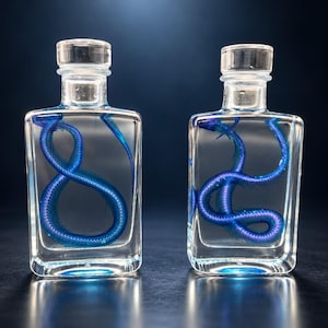 Puede incluir: Dos botellas rectangulares de vidrio transparente con tapones transparentes, cada una contiene una criatura serpentina de color azul iridiscente sumergida en líquido claro. Las criaturas tienen estructuras visibles en forma de aletas.