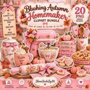 Blushing Autumn Homemaker Clipart Bundle, Pink Fall Kitchen PNG, 3D Kawaii Baking Stickers