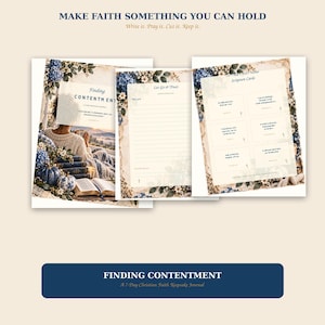 May include: A 7-day Christian faith keepsake journal titled Finding Contentment, featuring floral borders, lined writing pages, and scripture cards. The cover displays a person reading by a window with pumpkins and books, with the text Make Faith Something You Can Hold.