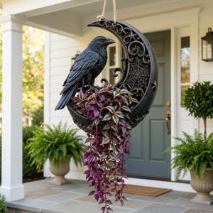 Peut inclure: Une figurine de corbeau noir perchée sur une jardinière suspendue en forme de croissant sombre. La jardinière présente des volutes complexes et un motif de toile d'araignée, contenant une plante retombante aux feuilles panachées violettes et vertes.