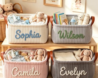 Cestino portaoggetti personalizzato per neonati, organizer per giocattoli e vestiti all'uncinetto con nome personalizzato, decorazione per la cameretta con manico in pelle, regalo per baby shower