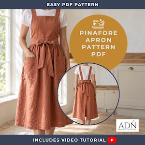 May include: A rust-colored pinafore apron with a white t-shirt, featuring a front tie waist, two large patch pockets, and a full skirt. The image includes text: EASY PDF PATTERN, PINAFORE APRON PATTERN PDF, INCLUDES VIDEO TUTORIAL, ADN SEWING PATTERNS.
