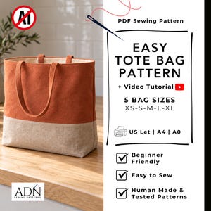 May include: A two-toned tote bag with a burnt orange upper section and a beige lower section, featuring two fabric handles. The text reads: PDF Sewing Pattern, EASY TOTE BAG PATTERN, Video Tutorial, 5 BAG SIZES XS-S-M-L-XL, US Let | A4 | A0.
