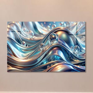 May include: A rectangular wall art piece featuring abstract, flowing metallic waves in shades of blue, silver, and gold. The surface is adorned with numerous clear, spherical bubbles of varying sizes, creating a reflective, liquid-like appearance.