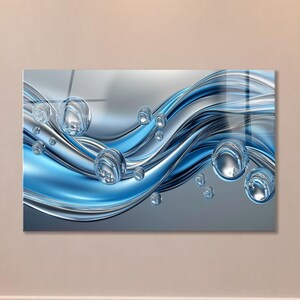 May include: A rectangular wall art piece featuring abstract flowing waves in shades of blue, silver, and gray. The composition includes numerous transparent, spherical bubbles of varying sizes scattered across the smooth, metallic-looking curves.