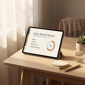 May include: A tablet displaying a Lean-Month Planner digital budget interface with sections for Setup, Income, Money Plan, and Buffer & Runway, featuring a circular Runway Gauge graphic on a cream-colored screen with dark text and gold accents.