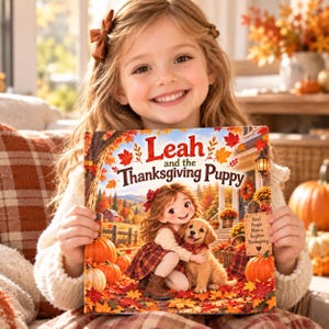 Peut inclure: Un livre pour enfants à couverture rigide intitulé Leah and the Thanksgiving Puppy, illustré d'une fille serrant un chiot doré parmi des feuilles d'automne et des citrouilles, avec le texte Kind People Make a Brighter Thanksgiving.