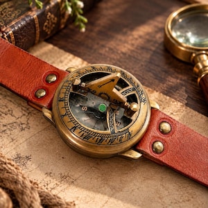 Orologio da polso vintage con bussola, orologio da polso antico in ottone con meridiana e cinturino in pelle, orologio nautico steampunk, regalo da esploratore, orologio da viaggio da uomo