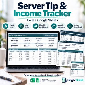 Pode incluir: Um rastreador digital de gorjetas e rendimentos para Excel e Google Sheets exibido na tela de um laptop. A interface mostra um painel mensal com ganhos, gorjetas e dados de turnos, juntamente com folhas impressas de registros e resumos.