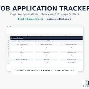 Puede incluir: Una hoja de cálculo digital para el seguimiento de solicitudes de empleo en Excel y Google Sheets con un panel automático. La interfaz muestra métricas como el total de solicitudes, solicitudes activas, entrevistas y seguimientos.