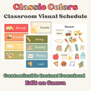 Puede incluir: Un conjunto de horario visual para el aula con tarjetas rectangulares coloridas que incluyen iconos y texto como Arrival, Breakfast, Morning Circle, Art, Writing, Reading, Phonics y Lunch, además de una hoja con varias ilustraciones escolares.