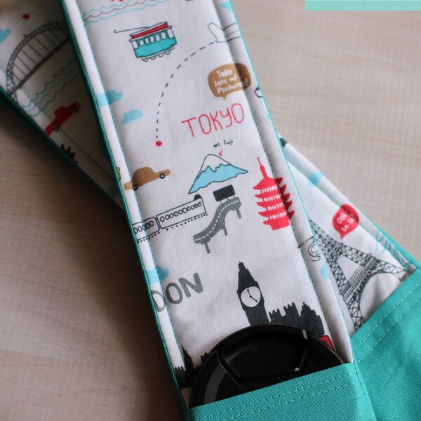 DSLR Camera Strap Cover in Travel the World fabric w/ Lens Cap Pocket READY to SHIP