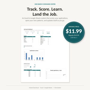 Puede incluir: Un panel de control digital de búsqueda de empleo para Excel y Google Sheets. El documento presenta un Job Search Dashboard con seguimiento de solicitudes, tablas de estado, un gráfico de barras y un rastreador de objetivos semanales.