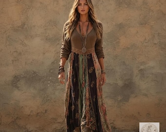 Batik 3D Print V Neck Dress, Long Sleeve Boho Midi Gown, Plus Size Tie Dye Fitted Dress for Women