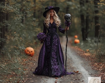 Gothic Witch Dress, Purple Rose Applique Gown, Vintage V-Neck Halloween Costume, Plus Size Cosplay Wear
