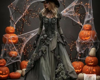Gothic Witch Costume Dress, V Neck Pleated Maxi Gown, Retro Skeleton Print Halloween Cosplay Party