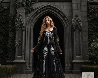 Gothic Skull Rose Maxi Dress, Long Sleeve Ombre Skeleton Gown, Dark Streetwear Halloween Costume, Witchy Fitted Dress
