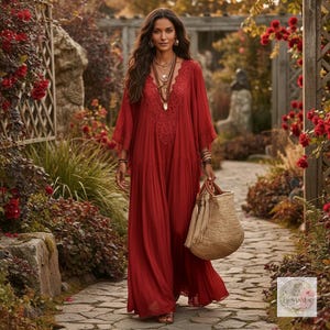 Boho Lace V Neck Maxi Dress, Bat Sleeve Patchwork Beach Gown, Bohemian Vacation Resort Wear, Gift