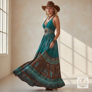 Puede incluir: Un vestido largo sin mangas en color verde azulado y marrón con escote en V, tirantes finos y un corpiño ajustado con patrón geométrico. La falda tiene una silueta acampanada con bordes decorativos intrincados y un sombrero de vaquero marrón.
