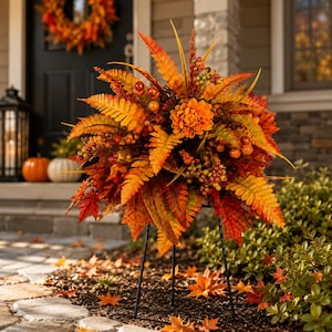 May include: A decorative floral arrangement featuring vibrant orange, yellow, and red autumn-colored fern leaves, berries, and a central dahlia flower, supported by a thin black metal tripod stand, creating a dense, rounded display.