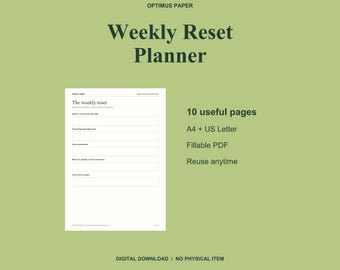 Planificador semanal en PDF sin fecha, reinicio semanal rellenable, plan de comidas y lista de la compra.