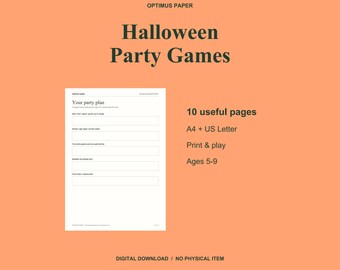 Juegos para fiestas de Halloween para niños (PDF), búsqueda del tesoro y actividades, edades de 5 a 9 años.