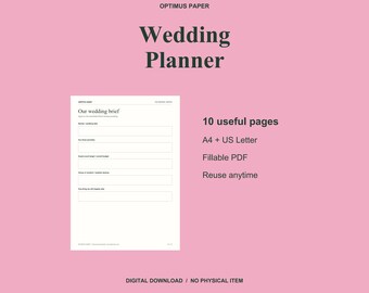 Planificador de bodas rellenable en PDF, seguimiento del presupuesto, lista de invitados y cronograma del día de la boda.