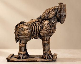 トロイの木馬像、古代ギリシャ風インテリア、手描きの素朴な木製彫刻、歴史好きへのギフト、神話好きへのギフト