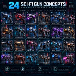 May include: A digital collection of 24 sci-fi gun concepts titled Cyberpunk Weapon Design Pack. The grid displays various fictional firearms including pistols, rifles, and launchers, each featuring glowing neon accents in blue, red, purple, and orange.
