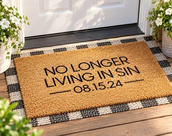 Personalized Wedding Doormat, No Longer Living in Sin Mat, Custom Wedding Gift, Newlywed Gift, Wedding Date Mat, Funny Welcome Mat