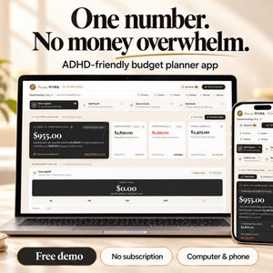Op de afbeelding: Een laptop en smartphone tonen de interface van de Premier Work budgetplanner-app. Het scherm toont financiële gegevens, waaronder een besteedbaar bedrag van $955,00. Tekst: One number. No money overwhelm. ADHD-friendly budget planner app.