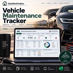 May include: A digital vehicle maintenance tracker template displayed on a laptop screen. The interface shows service logs, fuel costs, and upcoming reminders. Text includes QuietDeskToolbox, Vehicle Maintenance Tracker, and Instant Download.