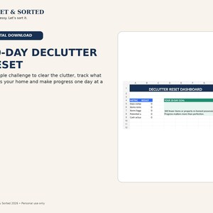 Könnte beinhalten: Ein digitaler Download mit dem Titel 30-Day Declutter Reset, der ein Tabellen-Dashboard zeigt. Der Text enthält Reset & Sorted, Life's messy. Let's sort it, sowie eine Tabelle mit Spalten für Metric, Result und ein 30-Tage-Ziel von 300 weniger Artikeln.