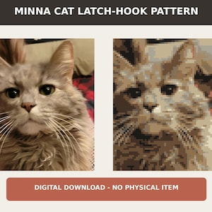 May include: A Minna Cat latch-hook pattern digital download featuring a side-by-side comparison of a photograph of a fluffy grey cat and its corresponding pixelated grid design in shades of brown, beige, and grey, with text stating no physical item.