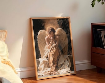 May include: A framed wall art print measuring 50.8 cm by 76.2 cm, featuring a depiction of a winged figure with long hair, seated with hands clasped in a prayer-like gesture. The figure wears flowing, light-coloured fabric against a dark background.