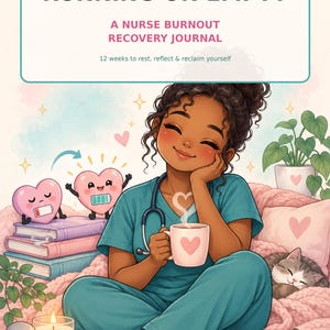 May include: A journal titled RUNNING ON EMPTY: A NURSE BURNOUT RECOVERY JOURNAL, 12 weeks to rest, reflect & reclaim yourself. The cover features a nurse in teal scrubs holding a mug, with a cat, books, and heart characters with battery icons.