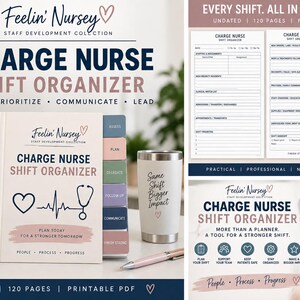 Könnte beinhalten: Ein Charge Nurse Shift Organizer Planer mit Stethoskop, einem Becher mit dem Text Same Shift Bigger Impact und einem Stift. Das Cover des Planers zeigt den Text Feelin' Nursey, Charge Nurse Shift Organizer sowie ein Herz- und Herzschlag-Symbol.