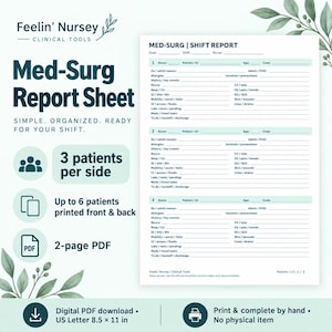 May include: A digital Med-Surg shift report sheet template in PDF format, sized 21.59 x 27.94 cm. The document features sections for three patients per side, including fields for patient ID, history, neuro, and labs. Text includes Med-Surg Report Sheet.