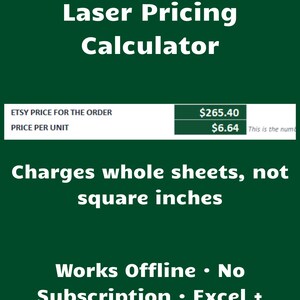 May include: A digital Laser Pricing Calculator tool on a dark green background. Text reads: Laser Pricing Calculator, Etsy Price for the Order $265.40, Price per Unit $6.64, Charges whole sheets, not square inches, Works Offline, No Subscription, Excel + Google Sheets.
