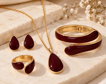 Gold Tone Burgundy Jewelry Set, Teardrop Necklace Earrings Bracelet Ring, Fashion Gift for Women