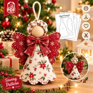 May include: A fabric angel ornament featuring a cream-colored body with a red poinsettia and green leaf print, red wings with white snowflake patterns, a matching red bow, and a plain wooden bead head with a braided fabric halo and hanging loop.