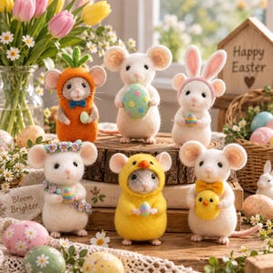 Könnte beinhalten: Sechs gefilzte Maus-Figuren für Ostern. Eine trägt ein Karottenkostüm, eine hält ein gemustertes Ei, eine trägt Hasenohren, eine einen Blumenkranz, eine eine gelbe Kükenkapuze und eine hält ein kleines gelbes Küken in den Händen.