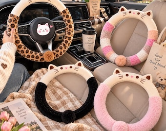 Lenkradbezug mit Katzenmotiv, Plüsch-Winter-Autozubehör, warmer, rutschfester Lenkradschutz