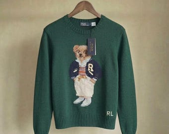 Ralph Lauren Green Polo Bear Knit Sweater Embroidered Crewneck