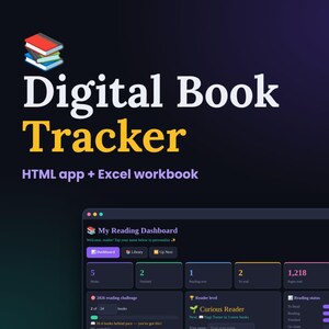Rastreador de libros con tema oscuro / Paquete interactivo de hoja de cálculo de Excel y HTML (2 en 1) / Panel de registro de lectura