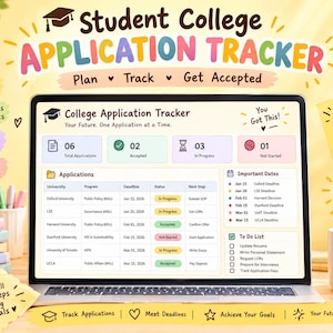 May include: A digital college application tracker displayed on a laptop screen, featuring a dashboard with application statistics, a detailed table of university deadlines, and a to-do list. The interface includes colourful icons and text.